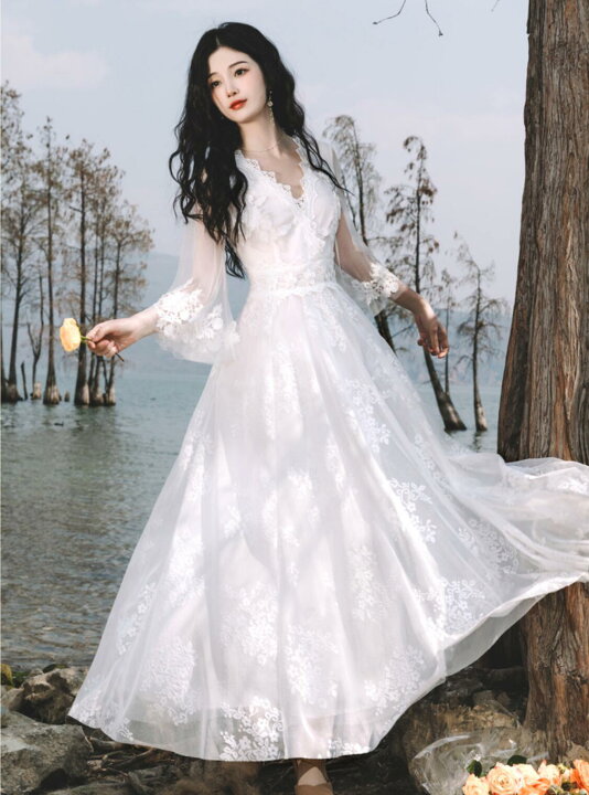 楽天市場】ロング丈 ワンピース レース Vネック 七分袖 フリル  