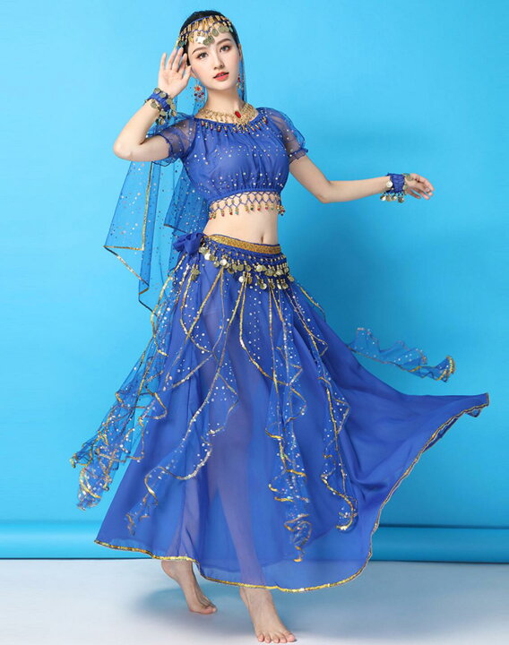 ベリーダンス用 オリエンタル衣装】ターコイズブルー ラインストーン  