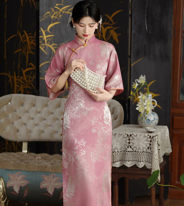 楽天市場】チャイナドレス ロング丈 五分袖 ロング マキシ丈 チャイナ  