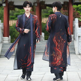 チャイナ服 男性 漢服唐装 中華服 華流コスプレ衣装 3点 4点セット メンズ 中華衣裳 カンフー衣装 中国古代伝統漢服 鳳凰 フェニックス おしゃれなプリント 交差襟ブラウス 袖なし羽織 ベルト 格好良い 黒＋ネイビー系 暗黒系 侠客 武侠風 中華時代劇 コスプレ衣装 S～4XL