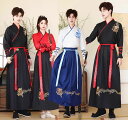 中華コスプレ衣装 メンズ レディース 男女兼用 漢服 中華服 チャイナ服 上下セットアップ 龍 花 刺繍 中華衣裳 華流 コスチューム 学生 大人 イベント 学園祭 ハロウィン コスプレ チャイナ風 ステージ衣装 交差襟 長袖 時代劇 武侠 侠客風 中華服 仮装 赤＋黒 S～4XL