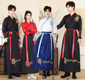 中華コスプレ衣装 メンズ レディース 男女兼用 漢服 中華服 チャイナ服 上下セットアップ 龍 花 刺繍 中華衣裳 華流 コスチューム 学生 大人 イベント 学園祭 ハロウィン コスプレ チャイナ風 ステージ衣装 交差襟 長袖 時代劇 武侠 侠客風 中華服 仮装 赤＋黒 S～4XL