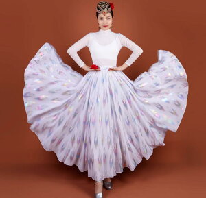 ダンス スカート ロング丈 85cm 90cm 95cm 広がる 大きい裾 フレア スカート 大人 光沢感 花柄 総柄 二重生地 ボリューム カラフル 鮮やか エスニック 民族ダンス 古典ダンス モダンダンス スカー