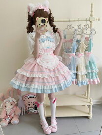 ロリータ ワンピース ジャンパースカート ゴスロリ ロリータ服 膝丈 ショート丈 フリル Aライン ロリータドレス チュール付 ハートのエプロン 蝶リボン 可愛い 萌え萌え ゴスロリ メイド服 半袖 猫シャツ 追加可 甘ロリ ピンク ブルー グリーン イエロー
