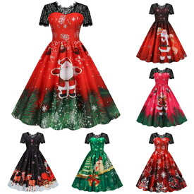クリスマス ワンピース 半袖 黒いレース レディース クリスマス衣装 ダンス 衣装 フレア Aライン ミモレ丈 ロング丈 お大きい裾 レトロ ワンピース Xmas コスプレ パーティー イベント 団体 お揃い ダンス 衣装 サンタクロース トナカイ 雪花 赤 緑 ピンク 黒 S～3XL
