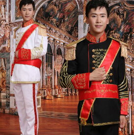 メンズ ステージ衣装 欧米 ヨーロッパ 中世期 宮廷風 将軍 王子様 礼服 コスプレ衣装 綬帯 ベルト付き 4点セット 儀仗隊 舞台衣装 礼服 コスチューム 制服 フリンジ肩章 金色刺繍 おしゃれ パフォーマンス 舞台 ダンス 演出 コスプレ衣裳 黒 白 XS S M L XL