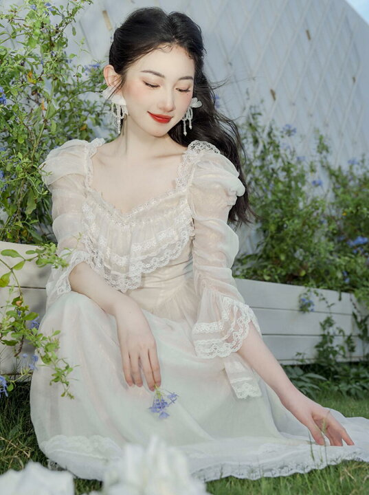 楽天市場】春ワンピース 白 レース 姫袖 ロング ワンピース レトロ 森 