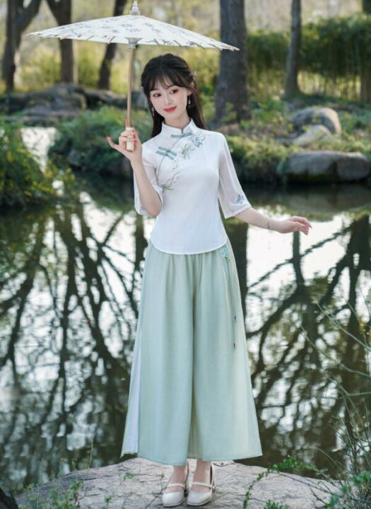 楽天市場】チャイナ服 五分袖 チャイナブラウス ガウチョパンツ ワイド 
