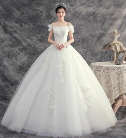 ロング丈 マキシ丈 ウエディングドレス フォマール ウェディングドレス Aライン ボリューム オフショルダー 結婚式 披露宴 挙式 お花嫁ドレス 立体 お花 レース 肩フリル 白 ベール パニエ グローブカバー対応可 XS S M L XL 2XL 3XL