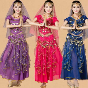 大人 アラビアン ジャスミン風 ベリーダンス衣装 レディース 半袖 トップス ロング丈 ひらひらフリル付き スカート スパンコール キラキラ ストラップ アラジン 民族 パフォーマンス 余興
