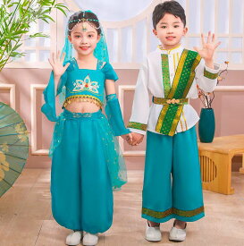 子供 ステージ衣装 アラビアン コスチューム 女の子 男の子 お姫様 王子様 アラジン パフォーマンス 民族風ダンス コスプレ衣装 上下セットアップ スカーフ付き 羽袖 髪飾りとベール 長袖 長ズボン 帯 ベルト セット服 中華敦煌 西域 民族風 中華民族ダンス コスプレ衣装