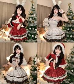 サンタ コス レディース サンタ服 サンタクロース コスプレ衣装 セクシー ショート丈 ワンピース 兎耳カチューシャ ネックウエア 手袋付き 可愛い 白 赤 ケープ追加可能 クリスマス 衣装 ロリータ服