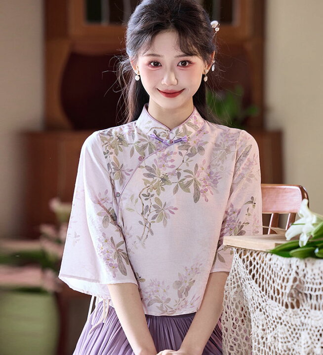 楽天市場】チャイナ服 新作 紫 花柄 七分袖 チャイナブラウス 春夏向け 