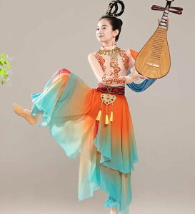 子供 女の子 中華古典 民族ダンス 衣装 3点セット 大人用有 中華敦煌舞踊 アラビアン パフォーマンス エスニック ダンス衣装 オレンジ系 長袖 トップス(レオタード)スカーフ付きベルト ア