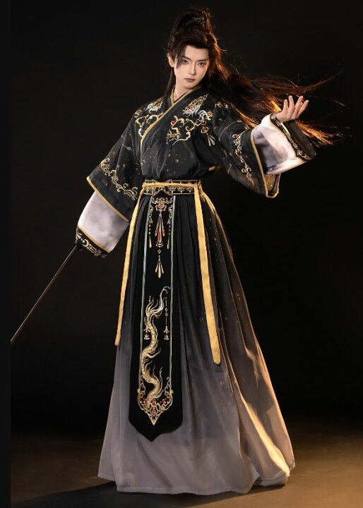 楽天市場】「龍」プリント 交差襟 漢服3点セット 黄色縁取り メンズ 