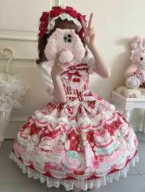 ロリータ ワンピース ジャンパースカート かわいい 膝丈 ショート丈 甘ロリ ゴスロリ ワンピース お姫様 フリル ロリータ服 Lolita レースレース 蝶リボン 裾フリル サクランボ 萌え萌え レディース ロリータファション キャミソール ワンピース ピンク レッド