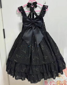 ロリータ ワンピース ジャンパースカート ミドル丈 Aライン ハイウエスト ゴスロリ ゴシック 暗黒 ロリータ ドレス レディース 大きいリボン 紐リボンクロス レース裾 星 星座 プリント 可愛い ロリータ服 黒 S M L XL