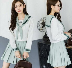セーラー服　女子高生JK制服　清純マリン風　ロリータプリーツミニスカート　上下二点セット　COSコスプレ衣装　コスチューム　可愛い女子中高生学院風制服　長袖ブラウス＋プリーツスカート　半袖セット