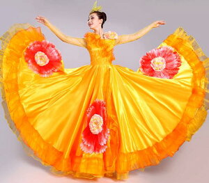 モダンドレス レディース用フレアタンゴドレス 忘年会イベント団体演出ワンピース 裾渡り360°540°720°選択可 髪飾りあり 大きい牡丹花 フラメンコドレス 社交ダンス演出舞台ステ