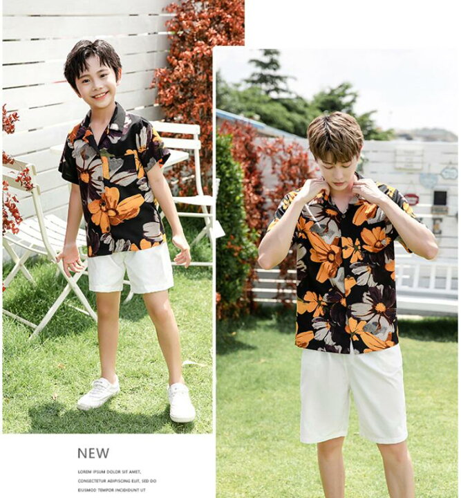 親子ペアルック 夏 黒地に大きい花柄 ショートパンツセット キッズ 半袖アロハシャツ レディース メンズ セット服 男性用 家族お揃い 夏ウェア