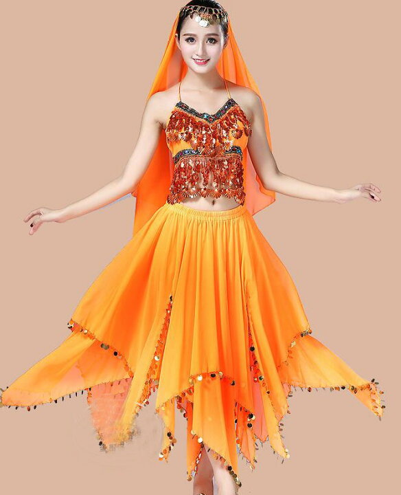 ベリーダンス用 ボリウッド衣装】オレンジ ラメ 上下セット ツーピース  