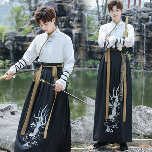 チャイナ服 メンズ 中華 コスプレ衣装 華流 ハロウィン コスチューム 男性用 中華服 漢服 唐装 交差襟 長袖 ロング丈ブラウス 袴風スカート 振袖 ロング羽織 エスニック柄 狐 狸 刺繍 チャイ