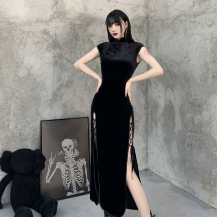 E66♡チャイナドレス　チャイナ服　♡黒　撮影♡ワンピース　ロングスカート