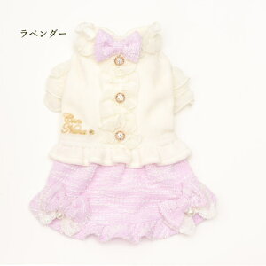 犬服 秋服 きゃんナナフリルトップス×ツイードドッキングワンピース SS-Lサイズ オフホワイト ブラック チワワ プードル シーズ ドレス