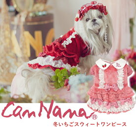犬服 冬いちごスウィートアップワンピース 秋 冬服 冬ワンピ きゃんナナ SS-Lサイズ ドレス　レッドピンク CANNANA DOGWEAR