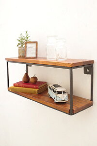 【インダストリアル 家具 ウォール シェルフ 壁付 ウッド 木製 アイアン ディスプレイ 什器 アンティーク調 アンティーク風】ウッドアイアン 二段シェルフ