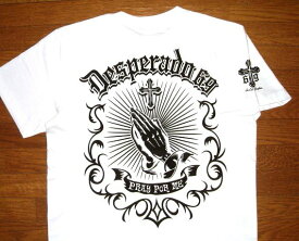 【DESPERADO 69 デスペラード69】 ヘビーオンス コットン生地 メキシカン チカーノ柄 半袖 Tシャツ ≪PRAY HAND プレイハンド≫ (WHITE×BLACK) ホットロッド バイカー ローライダー 祈り手 プレイングハンド 聖母マリア クロス 十字架 ブラック 黒 ホワイト 白 メンズ