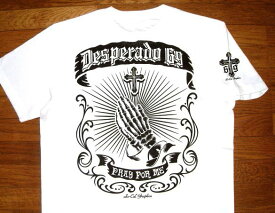 【DESPERADO 69 デスペラード69】 ヘビーオンス コットン生地 メキシカン チカーノ柄 半袖 Tシャツ ≪PRAY HAND SKULL プレイハンド スカル≫ (WHITE×BLACK) ホットロッド バイカー ローライダー 祈り手 骸骨 ボーンズ プレイングハンド 聖母マリア ブラック 黒 ホワイト 白