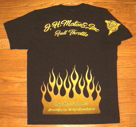 【FULL THROTTLE フルスロットル】 ヘビーオンス コットン生地 ピンストライプ ホットロッド 柄 半袖 Tシャツ ≪FLAMES≫ (ブラック×イエロー) フレイムス ファイヤーパターン バイカー ローライダー アメ車 黒 黄 ムーンアイズ チップスカンパニー フォード シボレー