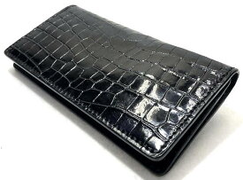 限定生産 【DOLCE VITA ドルチェヴィータ】 高級 ポロサス クロコダイル 入江ワニ 皮革製 両面 カードケース 仕様 薄型 フォーマル ロング ウォレット 札入れ 小銭入れ無し (ブラック) 黒 イタリアンレザー サドルレザー 長財布 ワニ革 本革 カードホルダー FUNNY ファニー