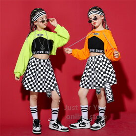 キッズダンス衣装 セットアップ へそ出し 子供服 ヒップホップ チェック柄 スカート3点セット 女の子 タンクトップ K-POP 演出服 舞台服 練習着 チア チアガール 原宿ファッション