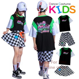 キッズ ヒップホップ ダンス 衣装 セットアップ k-pop hip-hop ストリート チェック パンツ スカート トップス 半袖 tシャツ 子供 レッスン着 キッズ ジュニア 男の子 女の子