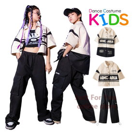 ［春夏新品］ 子供服 セットアップ キッズ ダンス 衣装 黒 パンツ 女の子 へそ出し カジュアルシャツ 大人っぽい ヒップホップ k-pop キッズ 半袖 柄シャツ HIPHOP 韓国 練習着 発表会 文化祭 イベント 個性派 かっこいい