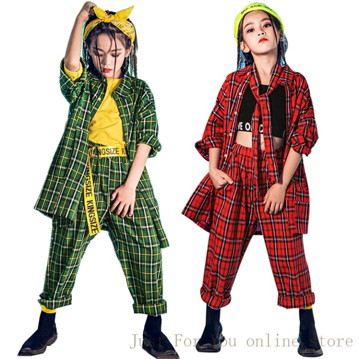楽天市場 子供服 ヒップホップ キッズダンス衣装 セットアップ チェック ダンストップス ｔシャツ 女の子 ロングパンツ かっこいい チーム揃い 赤 緑 Just For You Online Store