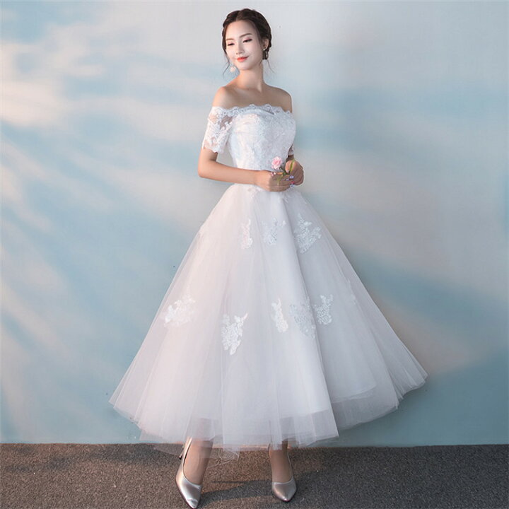 楽天市場 格安 ウエディングドレス ミモレ丈 結婚式 花嫁 ミニドレス ミディアム丈 ベアトップ セクシー オフショルダー 編み上げタイプ 白 オシャレ ドレス通販 S M L Xl 2xl Just For You Online Store