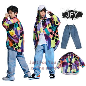 短納期 柄シャツ ダンス 衣装 ヒップホップ キッズ HIPHOP 幾何柄シャツ デニムパンツ ジーパン キッズダンス衣装 セットアップ 練習着 男の子 女の子 子供 tシャツ ジャズダンス ステージ衣装 派手