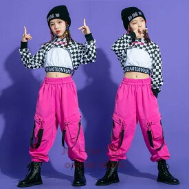 へそ出す キッズ ダンス 衣装 子供服 ヒップホップ ダンクトップ シャツ ギンガムチェック tシャツ サルエルパンツ セットアップ 女の子 ダンス衣装 ジャズダンス ステージ衣装 チェック衣装 キッズダンス衣装