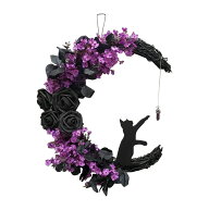 ハロウィン 置物 ハロウィンリース 飾り 直径35cm 装飾 黒猫 月 玄関 装飾 花輪 おしゃれ 置物 ハロウィ…