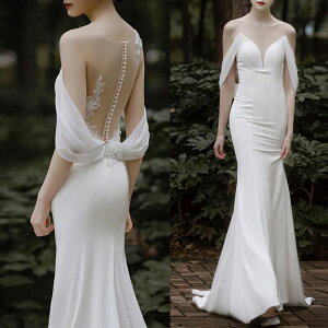 ウェディングドレス マーメイドライン 白 ホワイト スレンダー 高品質 真珠 マーメイドドレス ノースリーブ Vネック トレーンドレス シンプル 無地 ワンピース 結婚式 二次会 海外挙式 ブラ