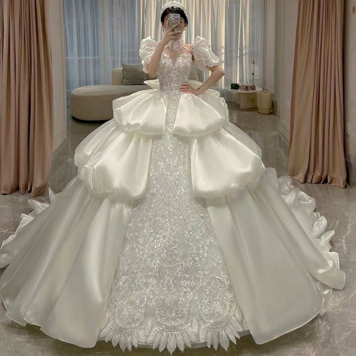 楽天市場】ウェディングドレス パフスリーブ プリンセスドレス 白 結婚 