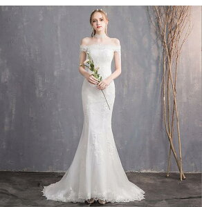 ウェディングドレス ウエディングドレス 肩見せ オフショルダー 花嫁ドレス 二次会 二次会ウエディングドレス スレンダーライン 披露宴 結婚式 スレンダーライン パーティー 可愛いレース