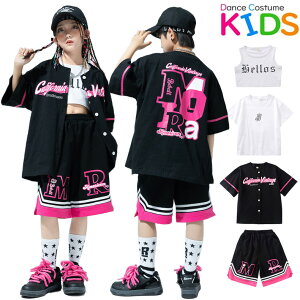 ブラック ピンク ベースボールシャツ 野球風 HIPHOP キッズ ダンス衣装 子供服 女の子 男の子 セットアップ ストリート ダンスウェア ヒップホップ 半袖 ユニセックス ユニフォーム ショート