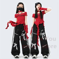 3点セット 赤 黒 リボン アイドル 衣装 デザイン トップス パンツ HIPHOP キッズ 女の子 ダンスウェア 子…