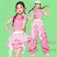 ピンク jazz 団体服 女の子 チア チアガール スパンコールキャミソール レザースカート エナメルパンツ …