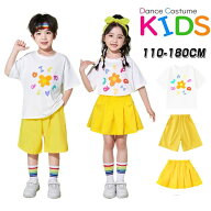 チアガール イエロー ホワイト ダンス衣装 キッズ 子供服 可愛い 半袖 Tシャツ トップス プリーツスカー…