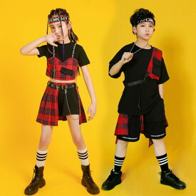 キッズ ダンス 衣装 へそ出し ヒップホップ シャツ スカート 女の子　男の子 ファッション 半袖 ストリート 原宿系 舞台 ユニーク 演出 注目 チェック柄 ジャズ ダンス かっこいい 競技 普段着 韓国 子供服